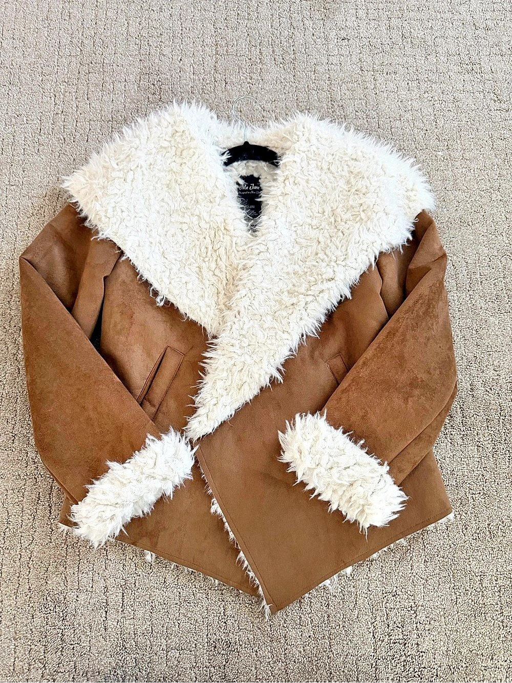 Me Jane Faux Suede Shearling Coat Size M Brown Cream Faux Fur Y2K